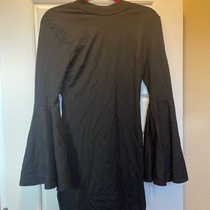 black mini dress with bell sleeves